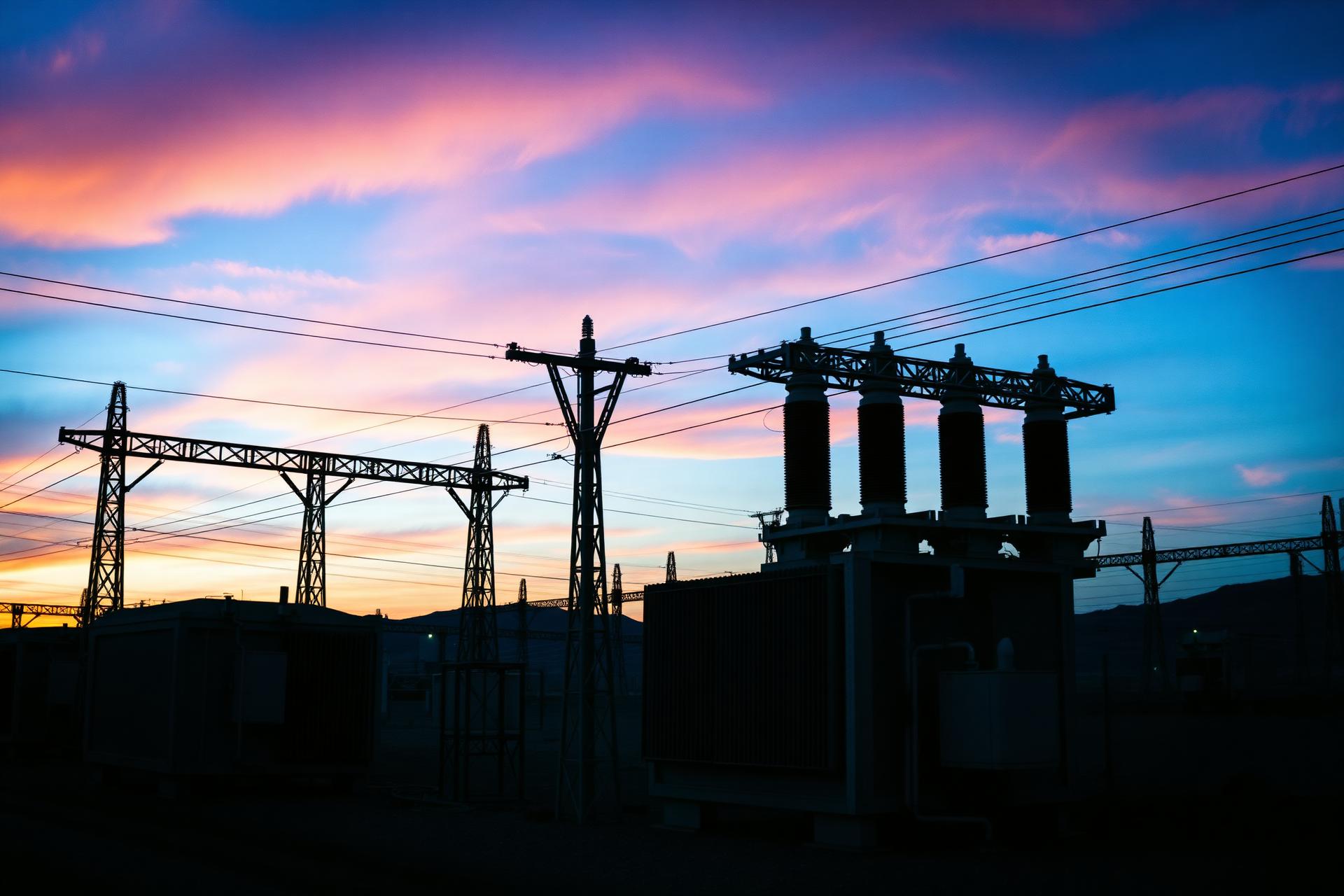 Subestación eléctrica de alta tensión al atardecer